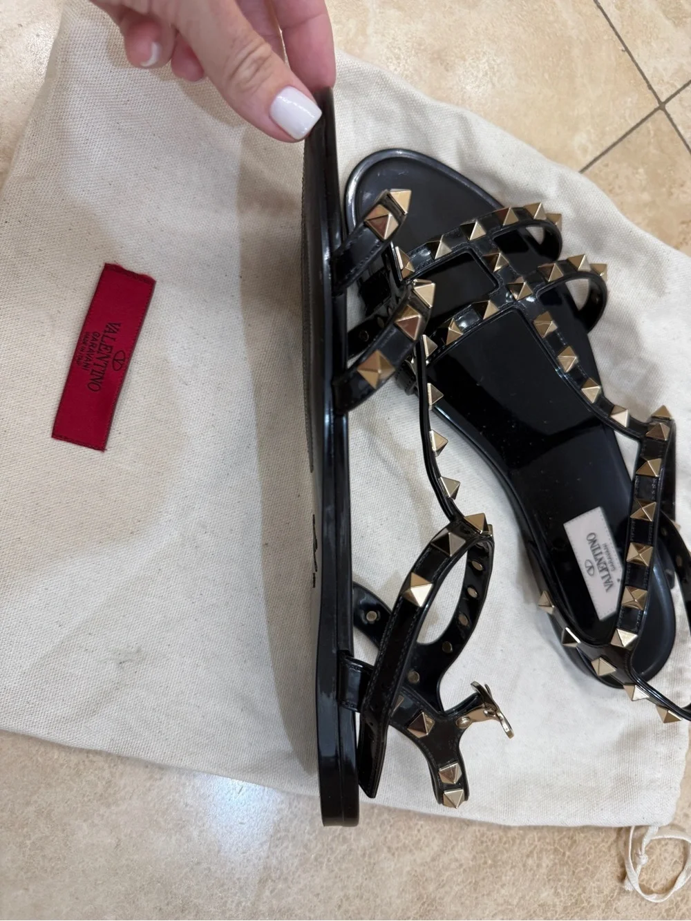Valentino Black Rockstud Gladiator Jelly Flat